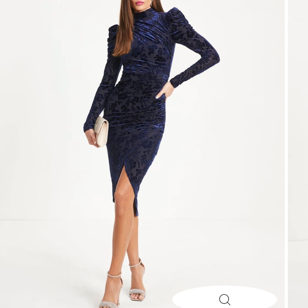 VICI - ELODIE PUFF SHOULDER BURNOUT VELVET MIDI DRESS - NAVY